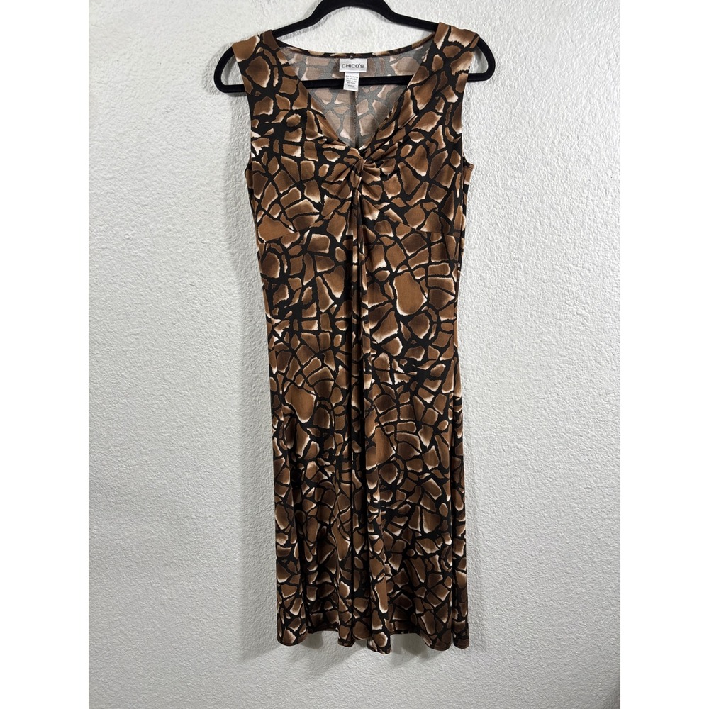 Chicos Sleeveless V-Neck Twist Front Midi Dress Brown Animal Print Size 0 XS